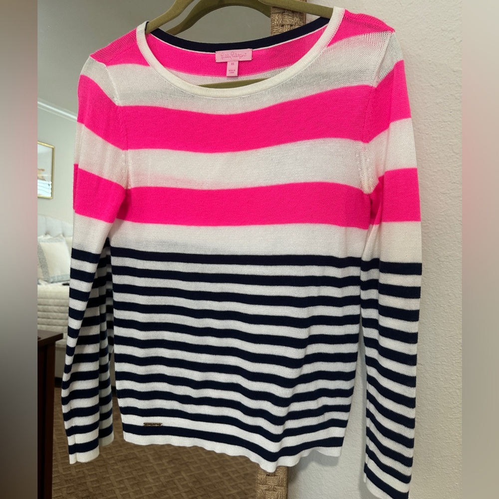 Lilly Pulitzer Pink and Navy Striped Cotton Blend Lightweight Sweater - Size XS